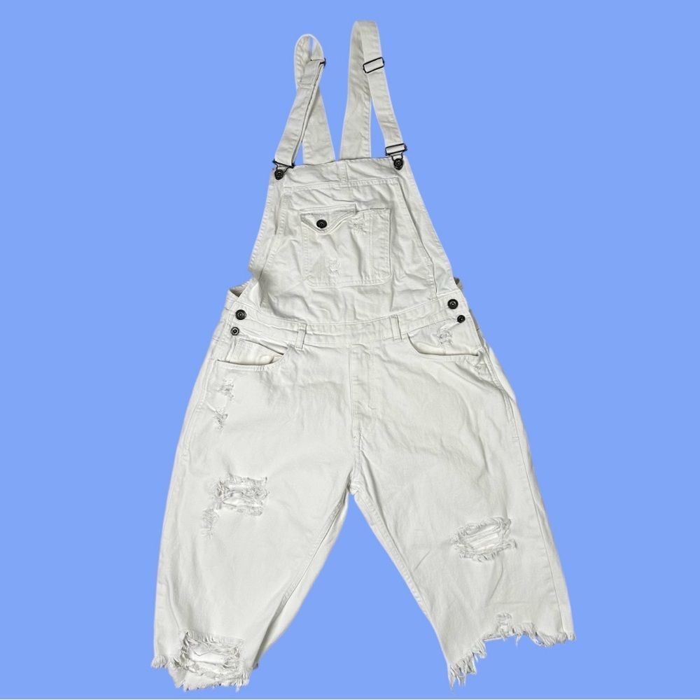 Zara White Distressed Denim Short Overalls